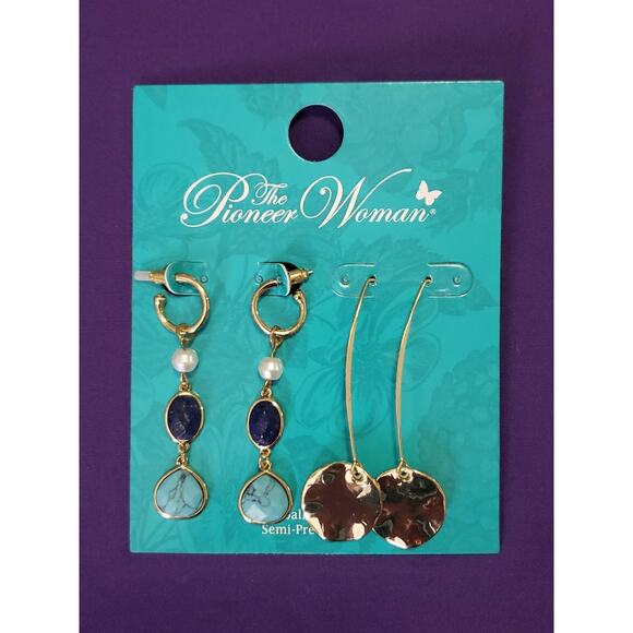 Pioneer Woman Two Pairs Earrings Long Dangle Pierced Threader Semiprecious New - Picture 1 of 8